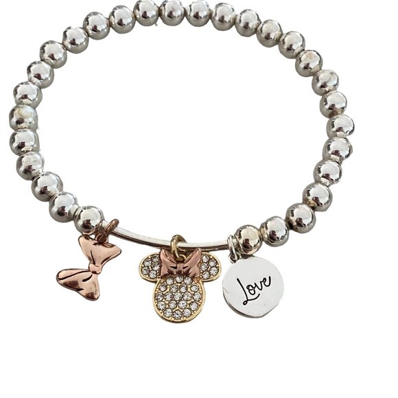 Disney's Minnie Mouse Tri-Tone "Love" Multi Charm Stretch Bracelet - Picture 1 of 5